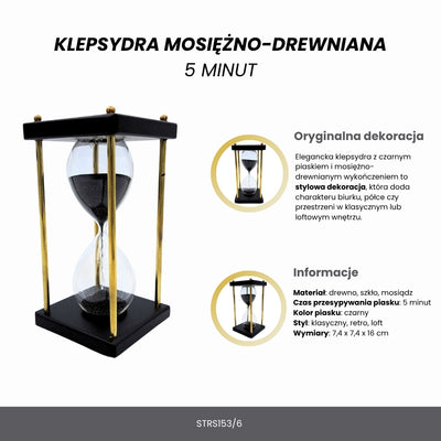 Brass-and-Wooden Hourglass 5 minutes – Black Sand – Elegant Retro Decoration - STRS