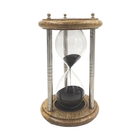 Brass-Wooden Hourglass 10 min with Engraving - Elegant Black Gift, Height 25 cm, Made of Metal, Glass, and Mango Wood