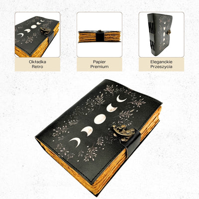 Retro Leather Notebook with Moon Phases – Goatskin, 200 Pages, 150 GSM Paper – H080