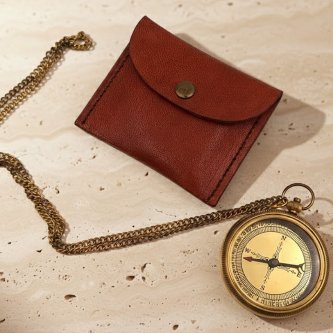 Brass compass on a chain in a leather case - CN215/2.5