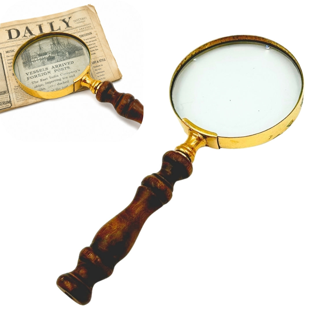 Brass Retro Magnifying Glass with Wooden Handle - 18 cm Magnifier with Personalization and Engraving Option