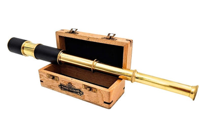 Elegant Retro Brass Nautical Spyglass with Custom Engraving in a Wooden Jewelry Box