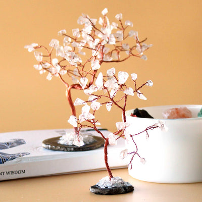 Crystal Tree with Rose Quartz on Black Agate Base