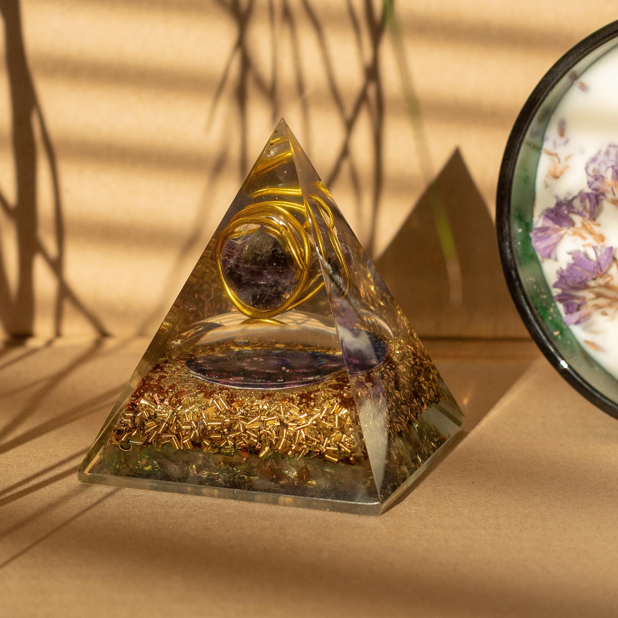 Medium Orgonite Pyramid with Amethyst and Copper 7x6 cm