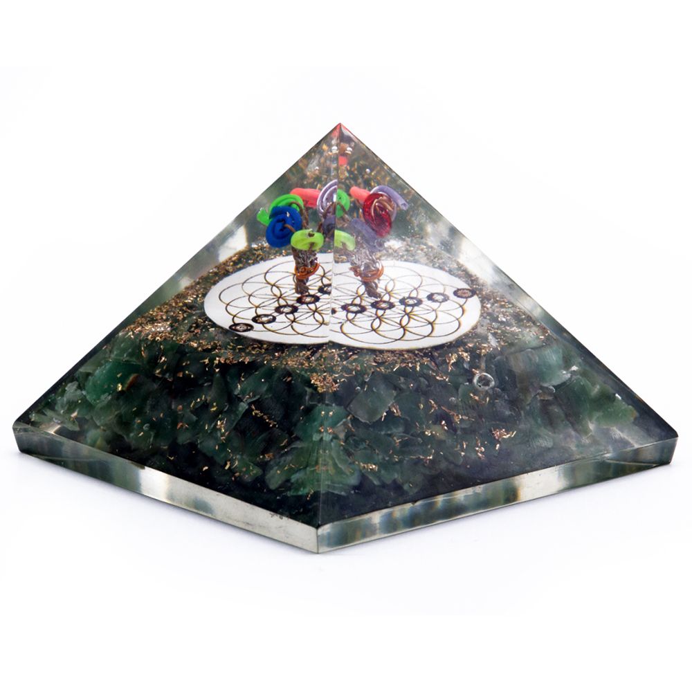 Orgonite Pyramid with Green Aquamarine and Flower of Life Symbolism