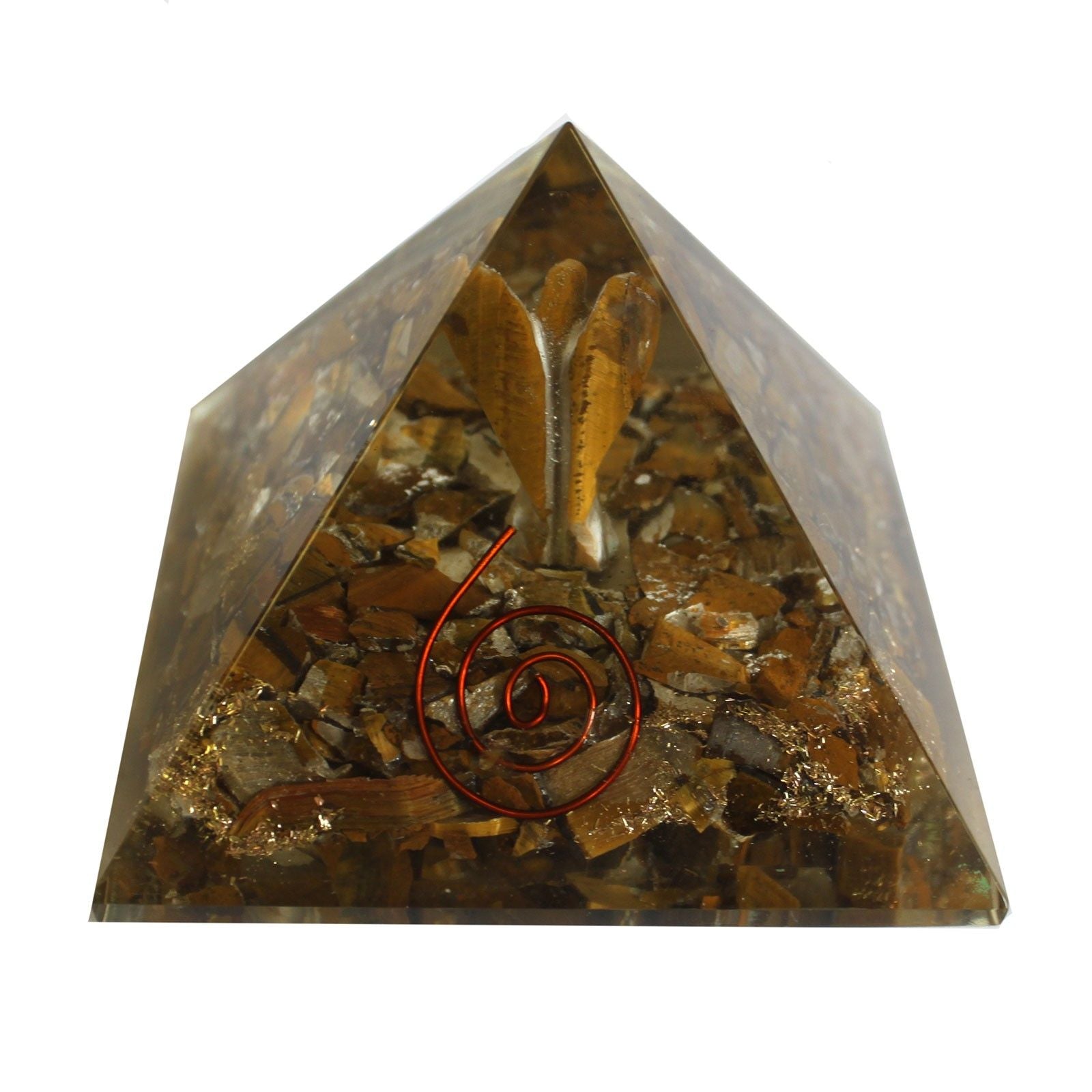 Magic Orgonite Pyramid 70 mm - Angel with Esoteric Objects, Greenish Interior, and Hand Finish