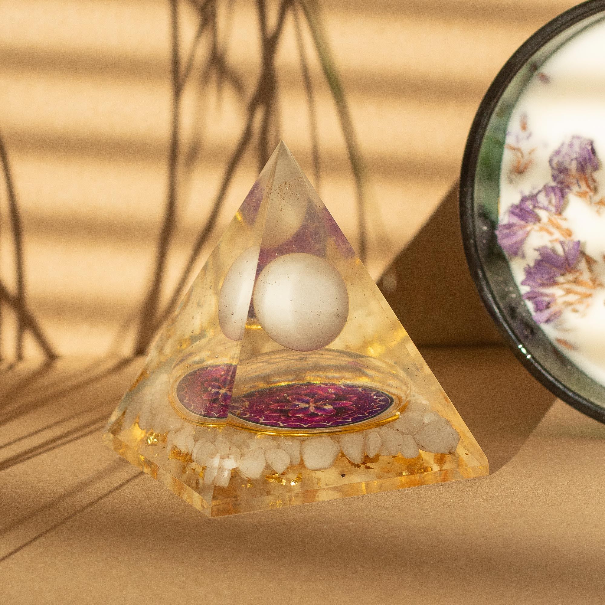 Orgonite Pyramid with White Quartz Sphere 7x6 cm - Natural Quartz Pieces and Gold Flakes