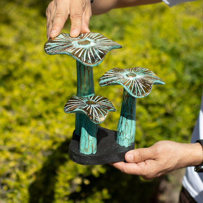 Small Artistic Golden Mushroom 20 cm - Handmade from Wood in Turquoise Shades