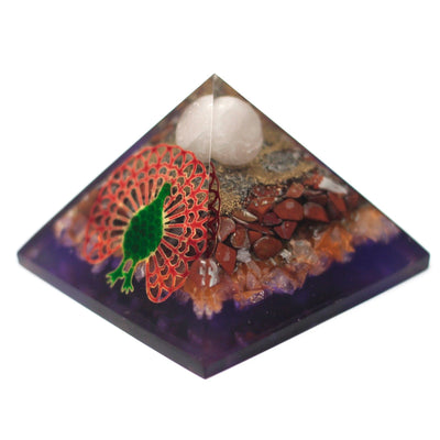 Orgonite Pyramid 70mm - Peacock in Multicolor Design with Gemstones and Copper