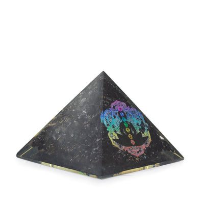 Small Orgonite Pyramid with Black Tourmaline 5.5x4.5cm with Buddha Chakra Motif