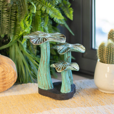 Small Artistic Golden Mushroom 20 cm - Handmade from Wood in Turquoise Shades