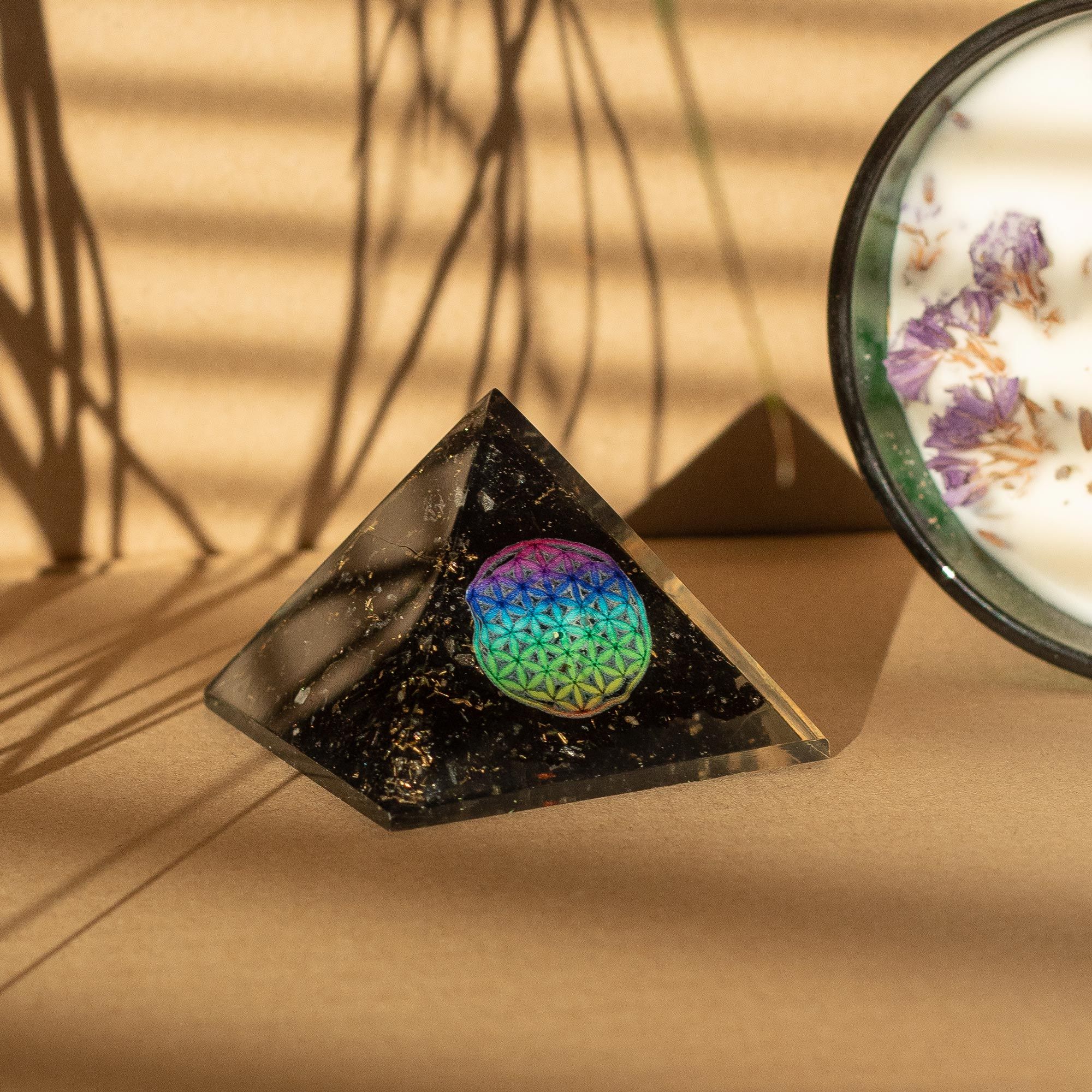 Orgone Pyramid with Black Tourmaline 5.5x4.5cm with Flower of Life