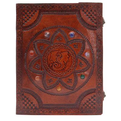 Dragon Mandala Book with Chakra Stones - Handcrafted, Natural Leather, 100 Smooth Pages, 25x34 cm