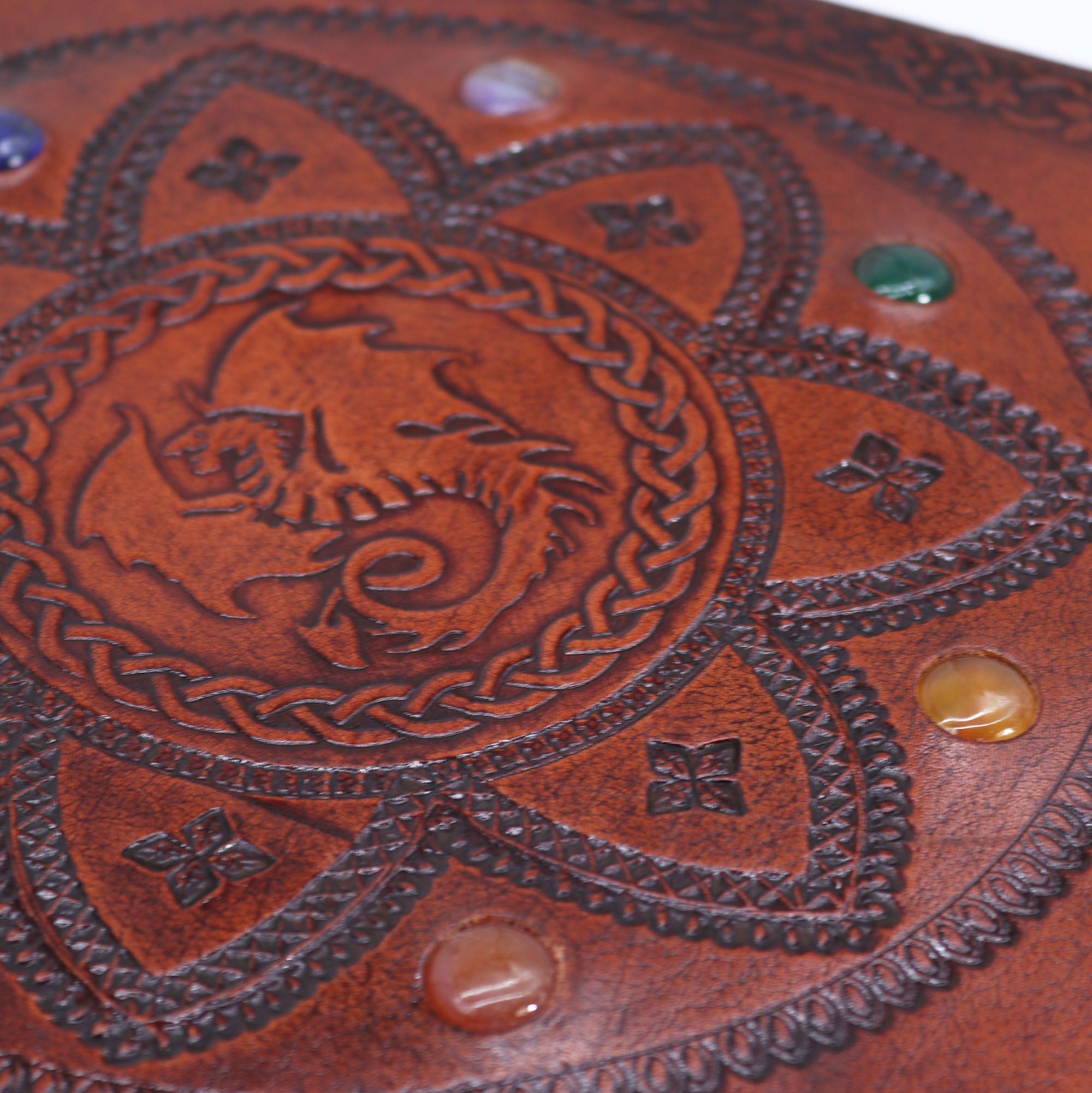 Dragon Mandala Book with Chakra Stones - Handcrafted, Natural Leather, 100 Smooth Pages, 25x34 cm