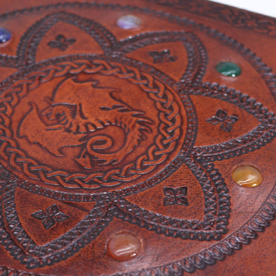 Dragon Mandala Book with Chakra Stones - Handcrafted, Natural Leather, 100 Smooth Pages, 25x34 cm