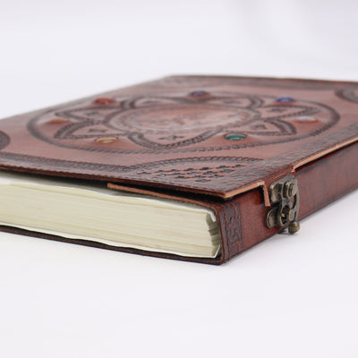 Dragon Mandala Book with Chakra Stones - Handcrafted, Natural Leather, 100 Smooth Pages, 25x34 cm