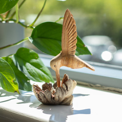 Handmade Sculpture of a Hummingbird Drinking Nectar from a Tree Burl