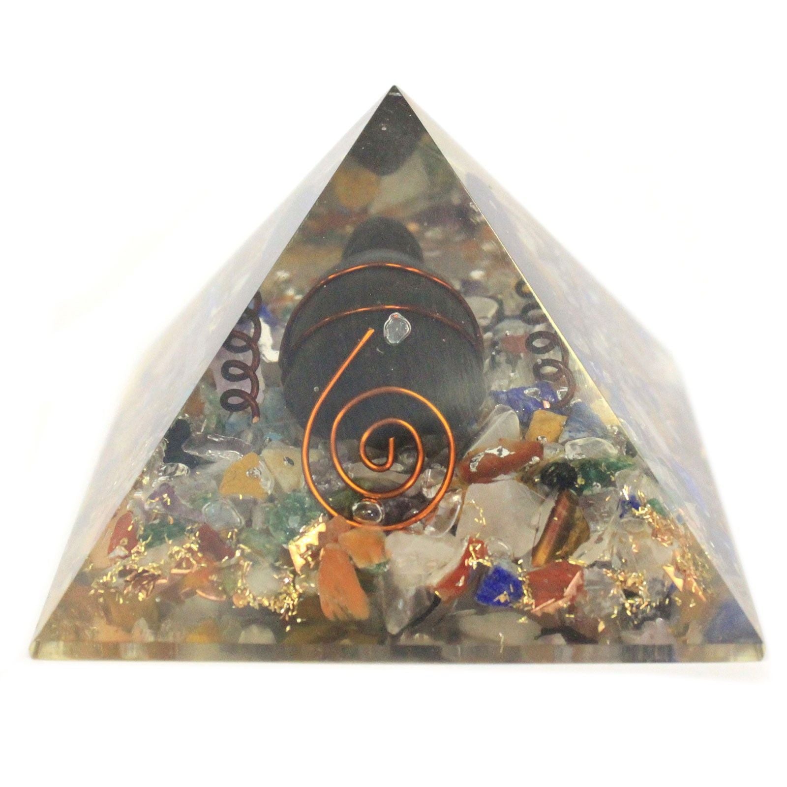 Medium Orgonite Pyramid 60mm with Gemstone Chips, Copper, and Turtle