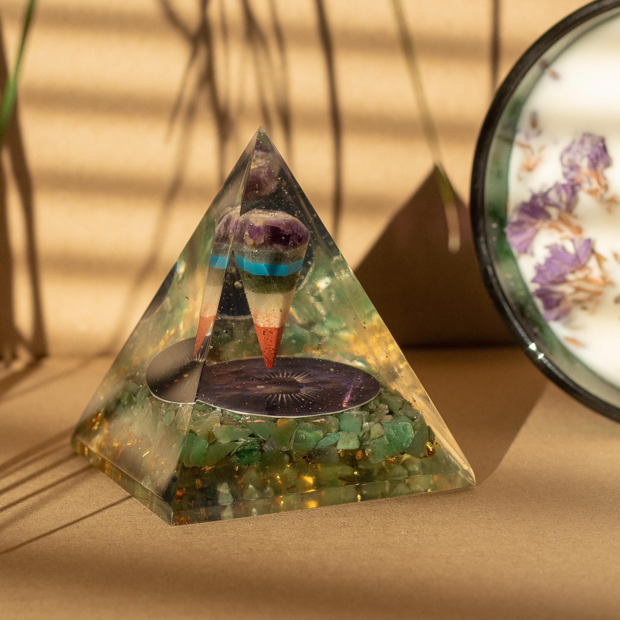 Medium Orgonite Pyramid with Pendulum and Green Aventurine Chips 7x6 cm