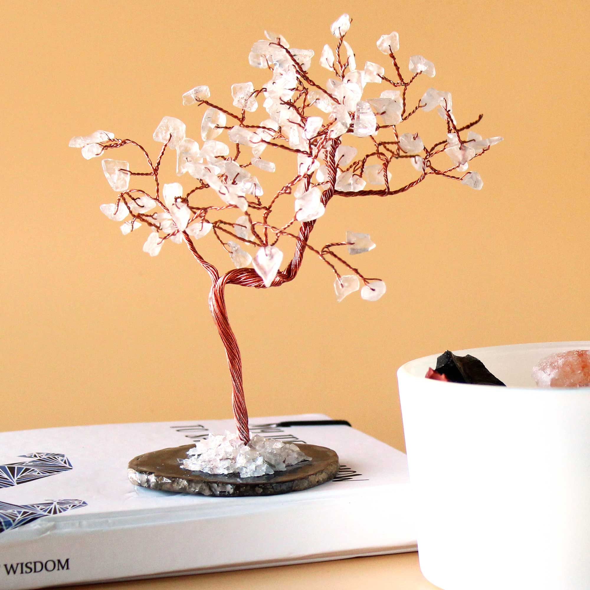 Large Crystal Tree made of Rock Crystal on a Black Agate Base