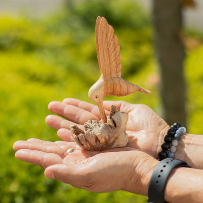 Handmade Sculpture of a Hummingbird Drinking Nectar from a Tree Burl
