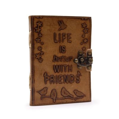 Friendship Notebook - Leather Journal with Bird Motif - Light Tan - 7x5" - Perfect Gift for Loved Ones with Embossed Message "Life is Better with Friends" - 100 Blank Pages, Vintage Lock, Compact Size