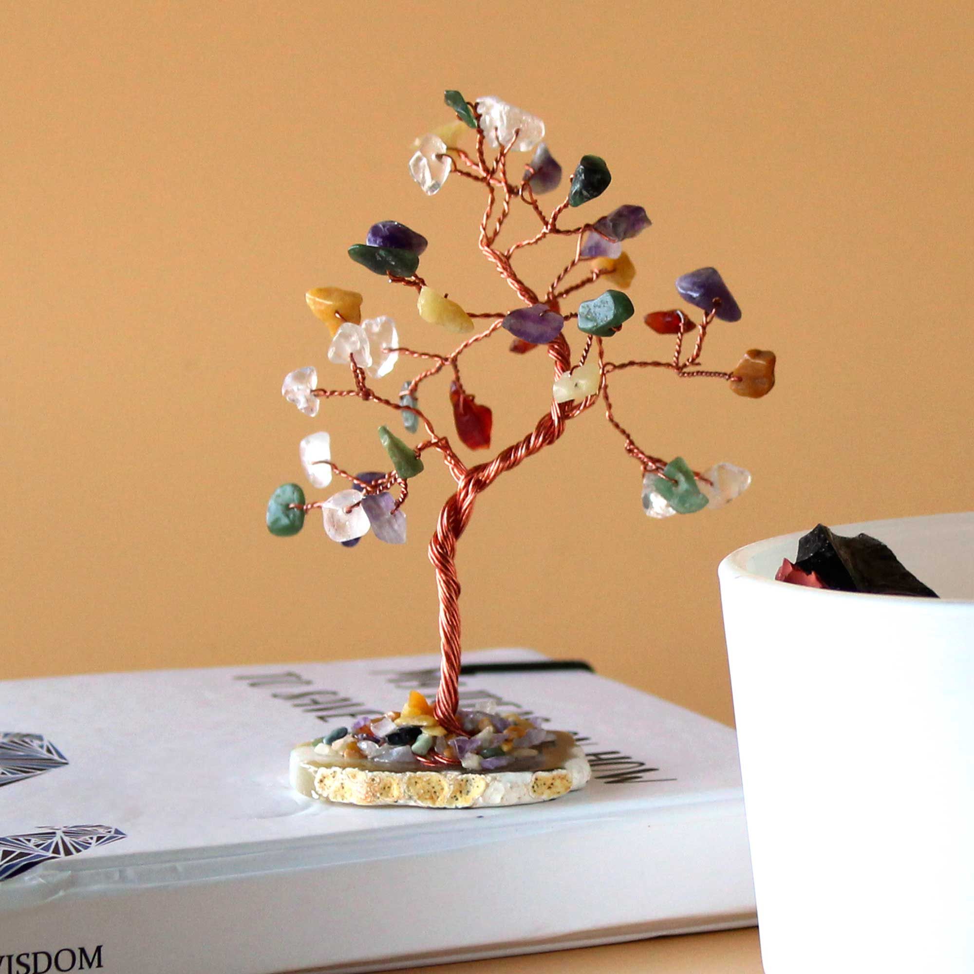 Crystal Tree with 35 Colorful Stones on Natural Agate Base