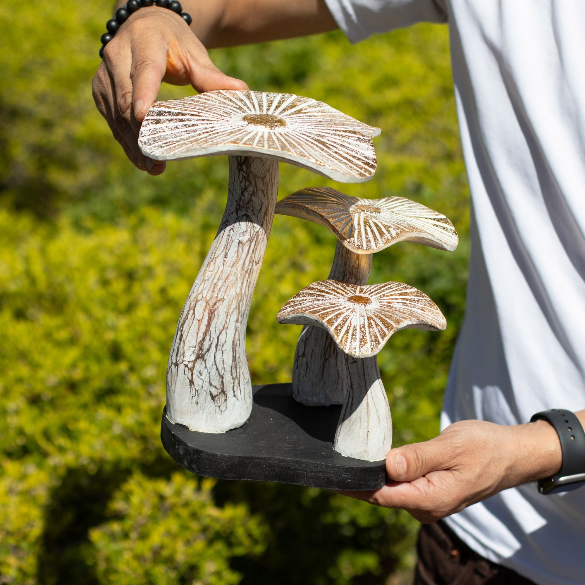 Artistic Golden Mushroom Figure 25 cm in White Finish with Gold Details - Unique Gift from Albasia Wood for Boho and Natural Style Interiors