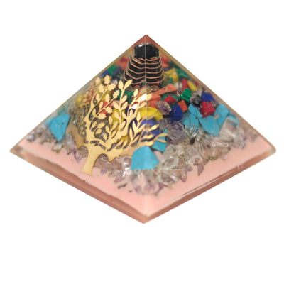 Orgonite Pyramid 70mm - Tree with Gemstones, Copper, and Metal Inlays