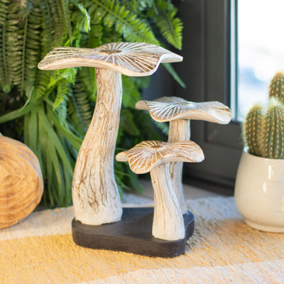 Artistic Golden Mushroom Figure 25 cm in White Finish with Gold Details - Unique Gift from Albasia Wood for Boho and Natural Style Interiors
