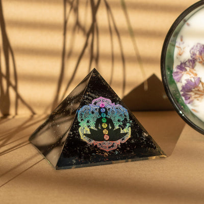 Small Orgonite Pyramid with Black Tourmaline 5.5x4.5cm with Buddha Chakra Motif