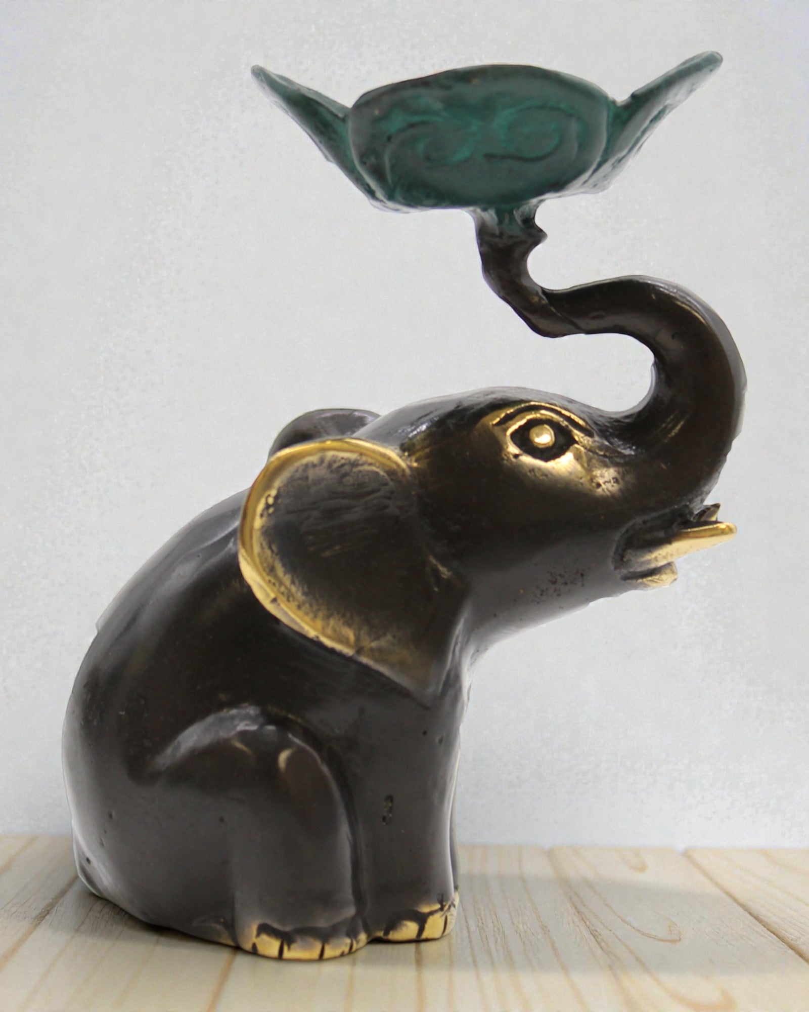 Lotus Guardian of Calm – Small Elephant Brass Incense Burner / Candle Holder