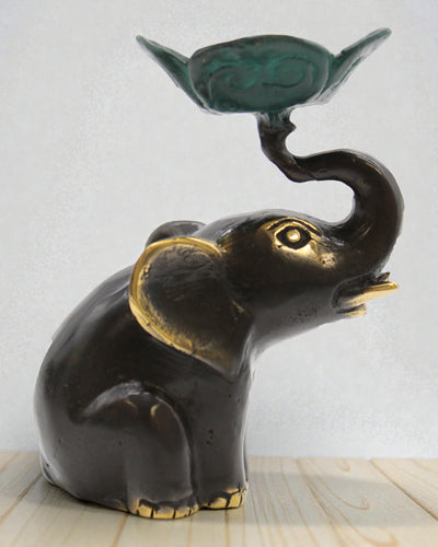 Lotus Guardian of Calm – Small Elephant Brass Incense Burner / Candle Holder