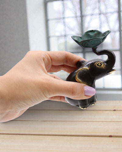 Lotus Guardian of Calm – Small Elephant Brass Incense Burner / Candle Holder