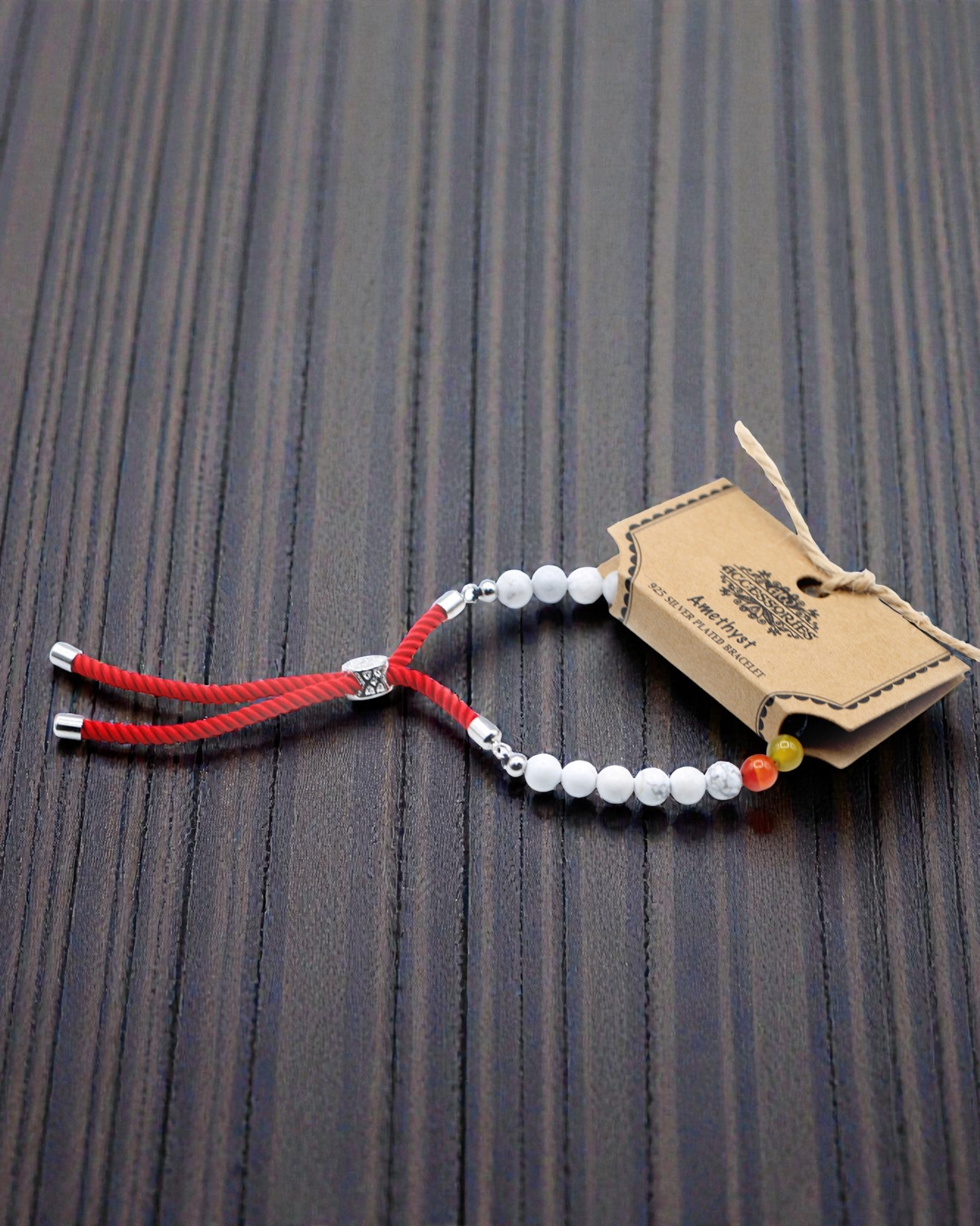Royal Harmony Chakra – Bracelet with White Howlite and 925 Silver on a Red Cord