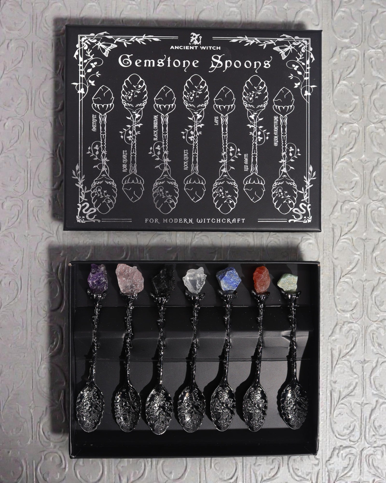 Arcana Noctis – Set of 7 Dark Gray Witch Spoons with Natural Stones