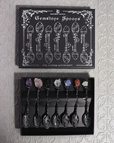 Arcana Noctis – Set of 7 Dark Gray Witch Spoons with Natural Stones