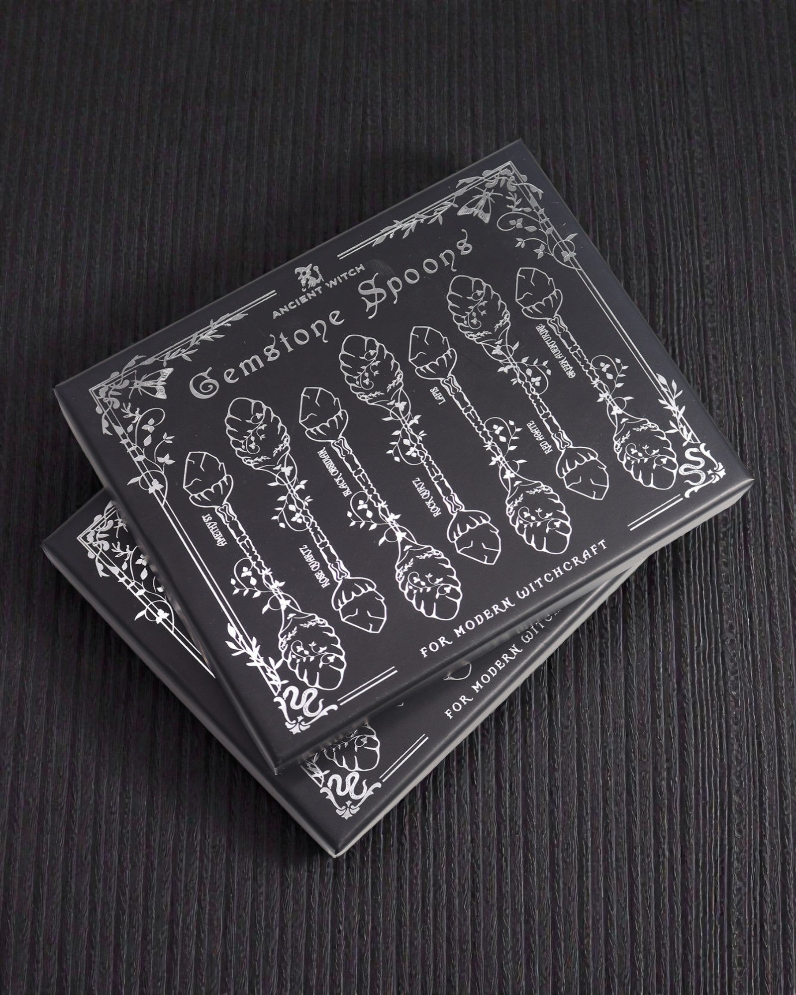 Arcana Noctis – Set of 7 Dark Gray Witch Spoons with Natural Stones