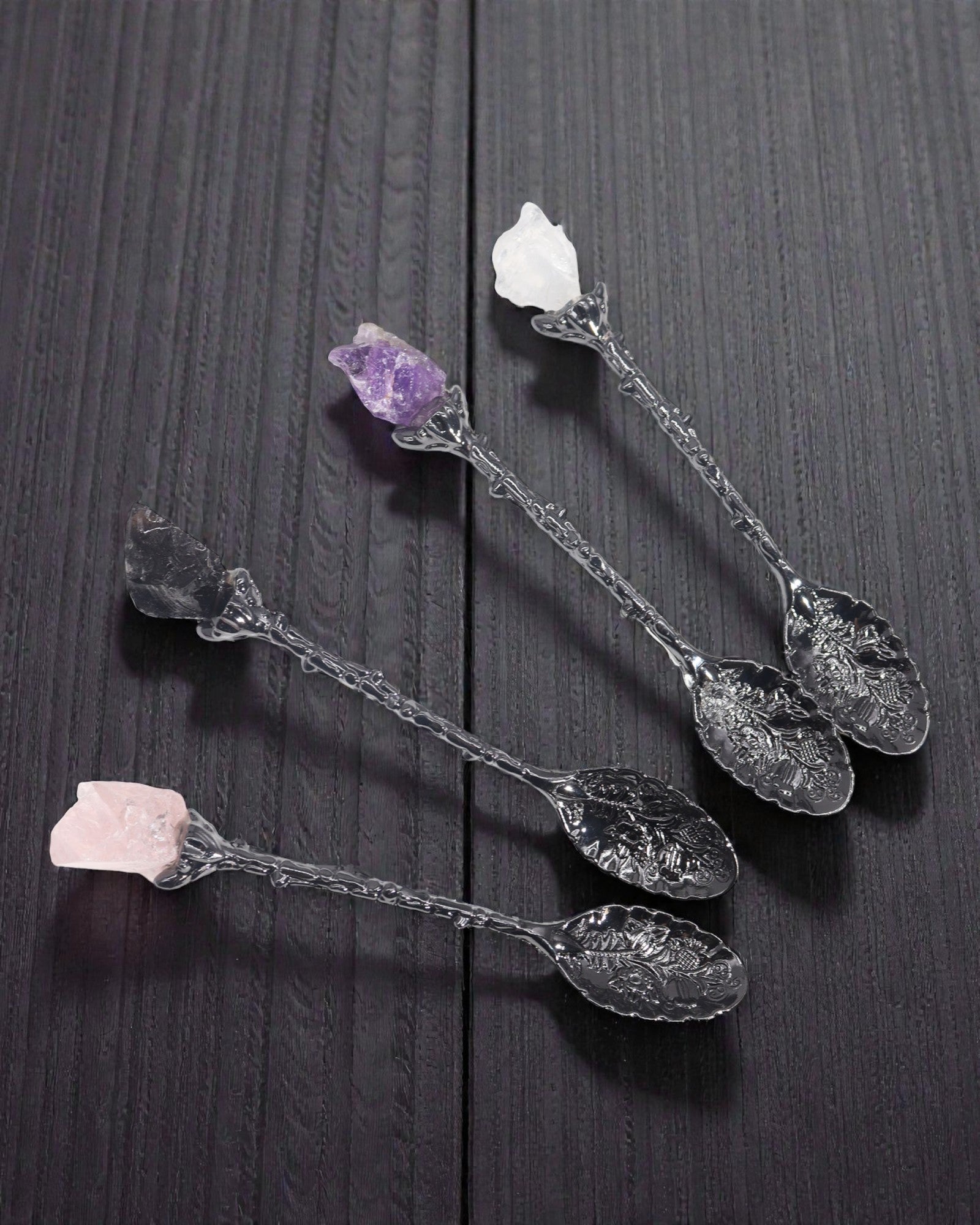 Arcana Noctis – Set of 7 Dark Gray Witch Spoons with Natural Stones