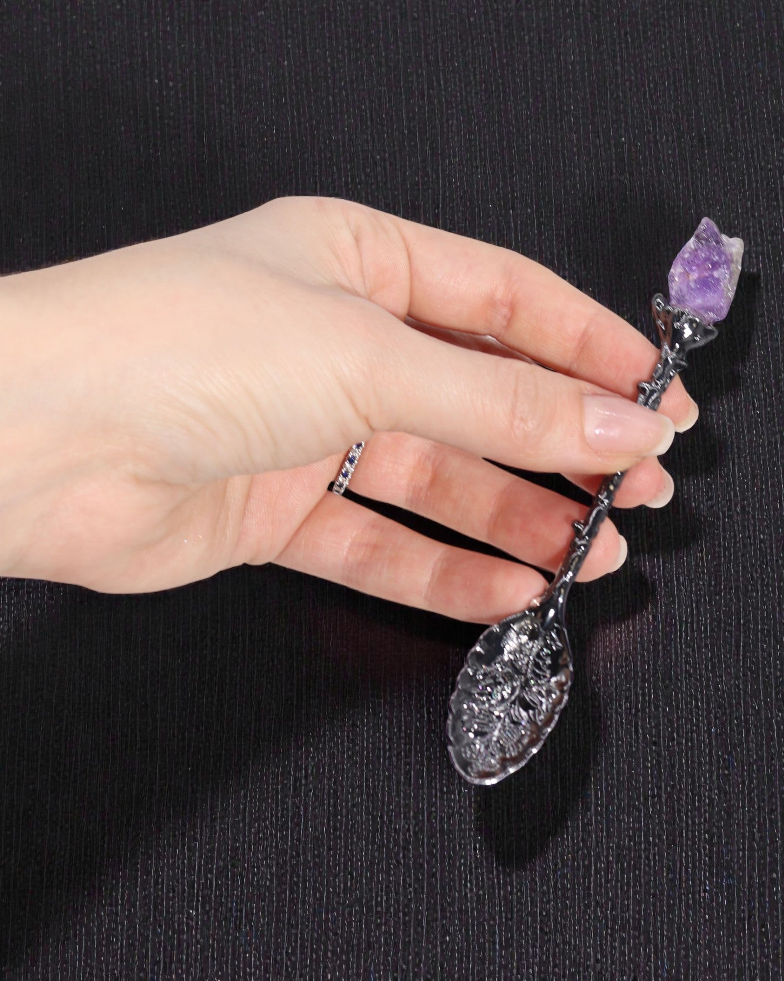 Arcana Noctis – Set of 7 Dark Gray Witch Spoons with Natural Stones