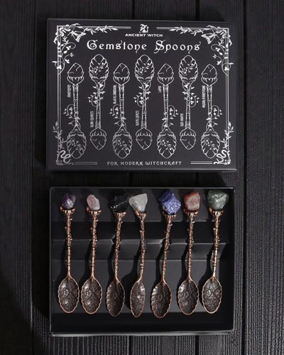 Arcana Aurea – Zestaw 7 Brązowych Łyżeczek Wiedźmy z Naturalnymi Kamieniami