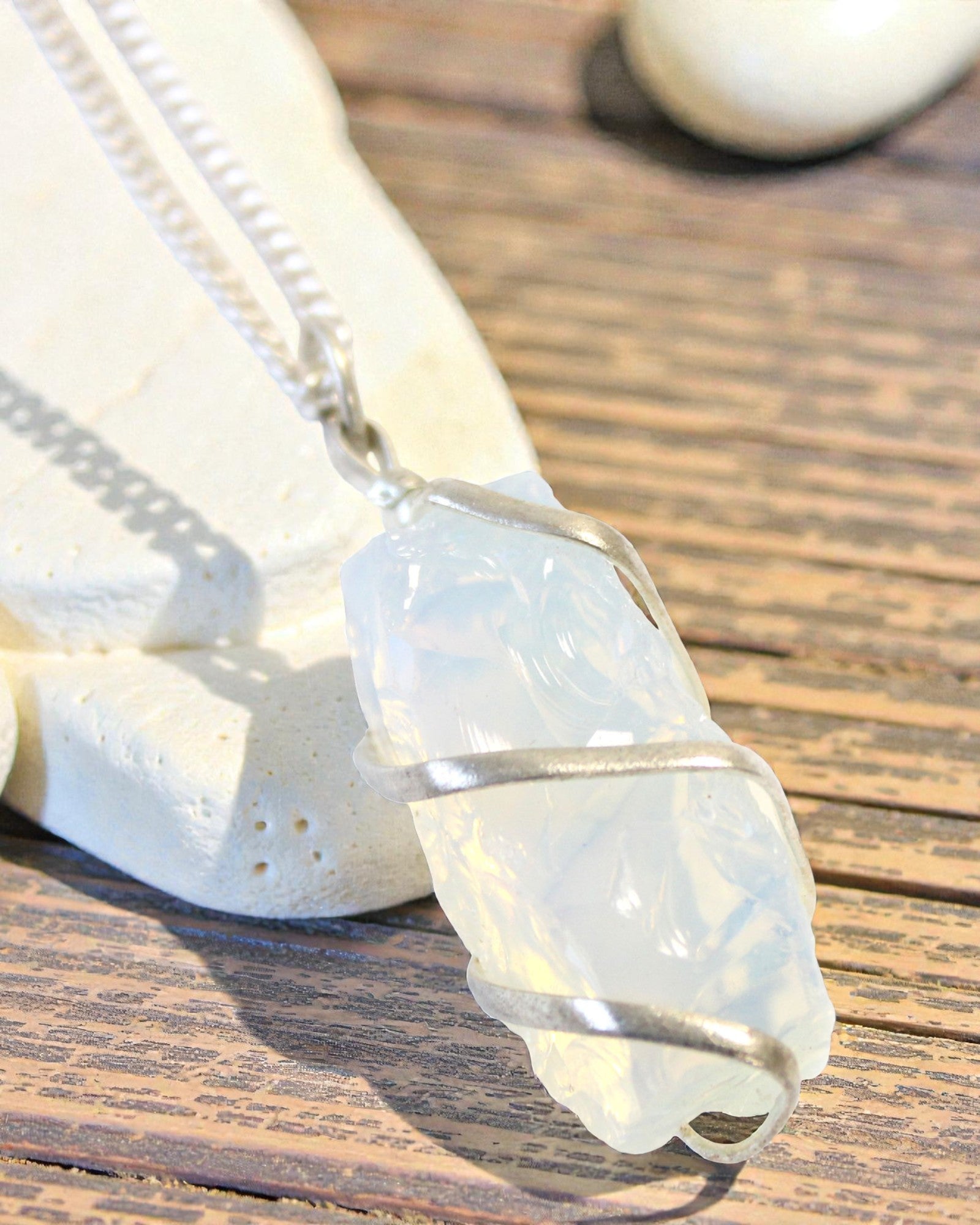 Cascade Wrapped Necklace - Rough Opal Glass