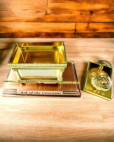 Replica of the Gilded Ark of the Covenant, Decorative Ark Figurine with Copper Stand, Jerusalem Inspiration, 18x10x12 cm