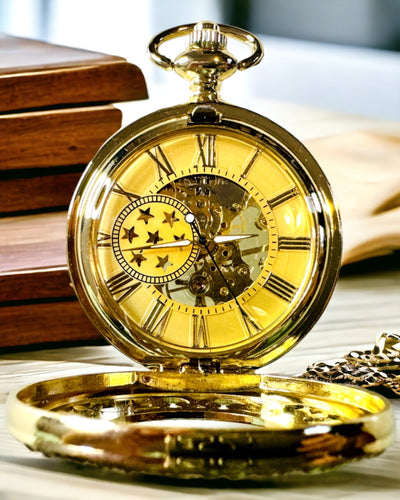 "Golden Majesty" – Luxury Mechanical Pocket Watch with Transparent Core, Customizable with Engraving