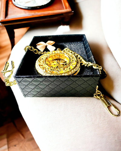"Golden Majesty" – Luxury Mechanical Pocket Watch with Transparent Core, Customizable with Engraving