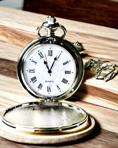 Classic Pocket Watch with Roman Numerals and Chain, Quartz, Steel Shine - Silver Color