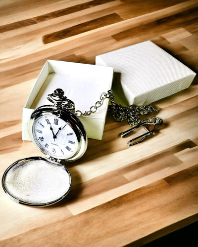 Classic Pocket Watch with Roman Numerals and Chain, Quartz, Steel Shine - Silver Color