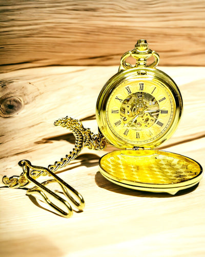 Classic Pocket Mechanical Watch with Double Cover, Manual, Gold Color, with Engraving