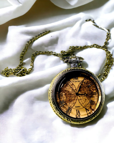 Classic Quartz Pocket Watch with World Map – Vintage Style Pendant with Chain for Her and Him, Engraving