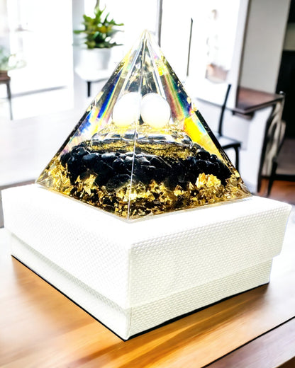 Orgonite Pyramid with Obsidian – Chakra Energy Generator, Reiki Meditation Tool with Natural Stone